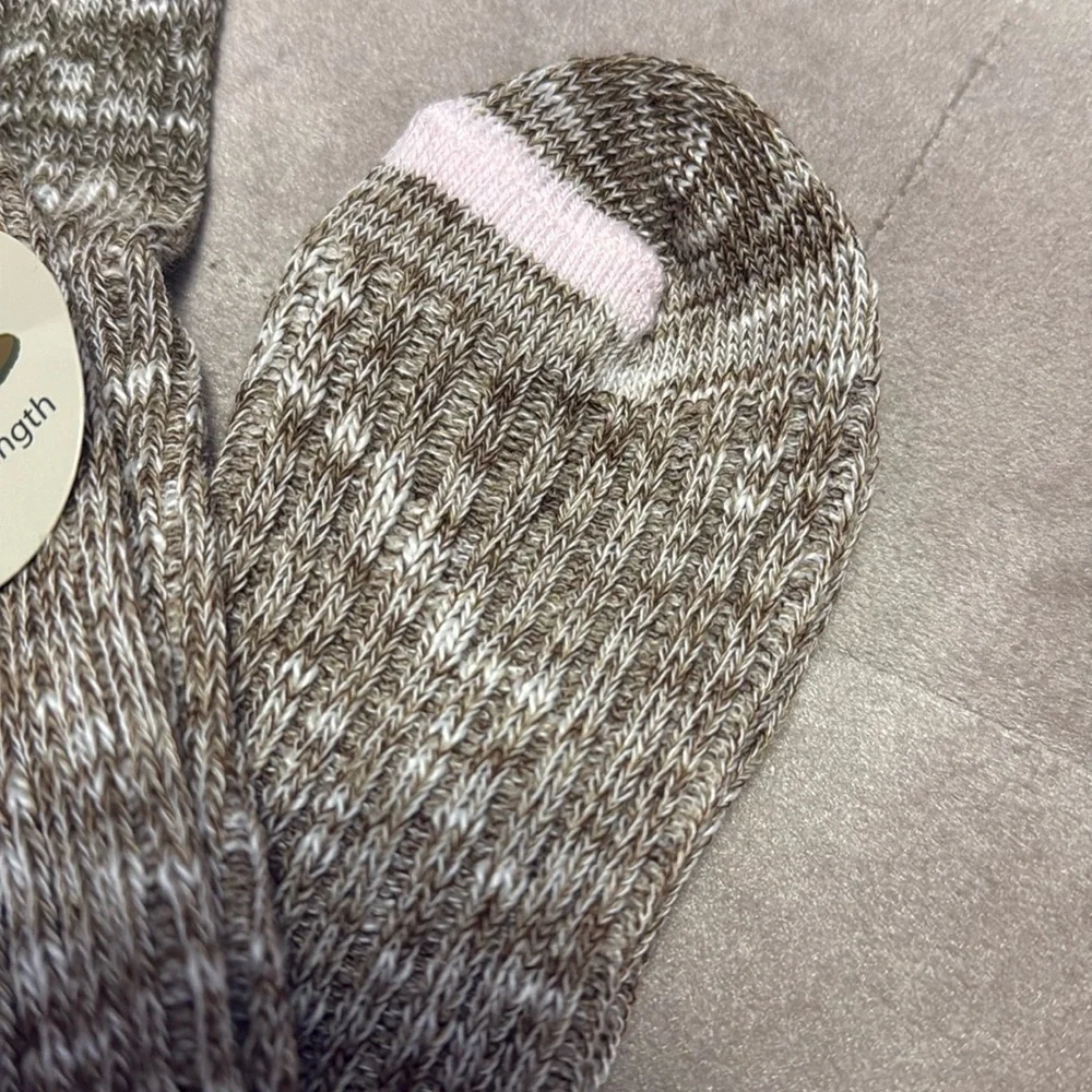 Crochet edge boot socks, light brown with cream lace, new